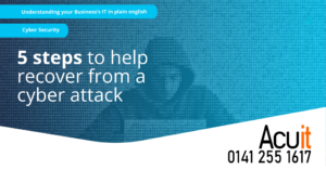 Image with text: "5 steps to recover from a cyber attack" and "Acuit 0141 255 1617" on a background of a hooded figure at a computer.