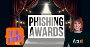 The phishing awards logo with a woman standing in front of it.