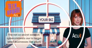 A woman is standing in front of a business building with a target in front of it. showing that cybercriminals target all size of companies