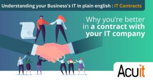 Illustrated banner showing two groups of people shaking hands, symbolizing an it contract agreement, with text about the importance of it contracts for businesses.
